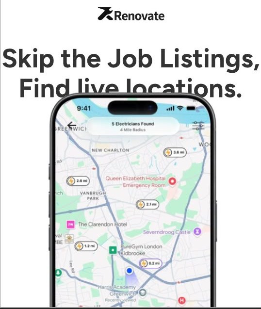 A Renovate marketing shot: the logo, the line &ldquo;Skip the Job Listings, Find live locations,&rdquo; and the map view on a phone.