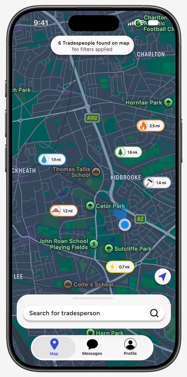 Renovate app — the live map view, showing nearby tradespeople and job markers around south-east London.